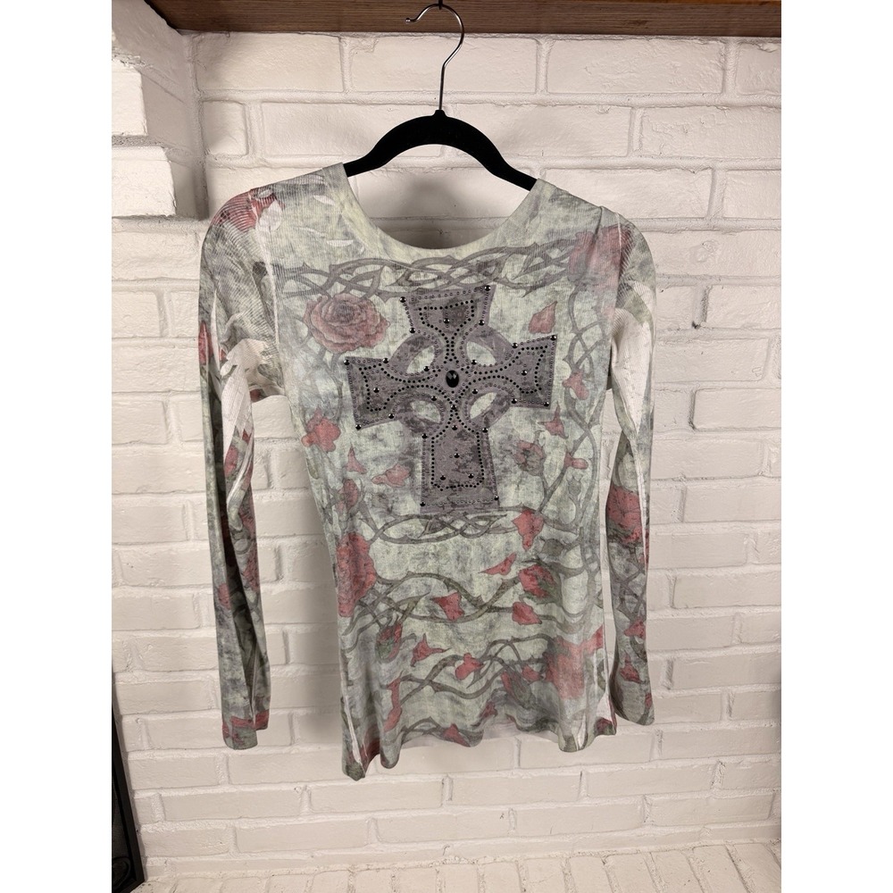 Too Fast Womens L Y2K Goth Cross Wings Rhinestone Top Tattoo Roses Made USA